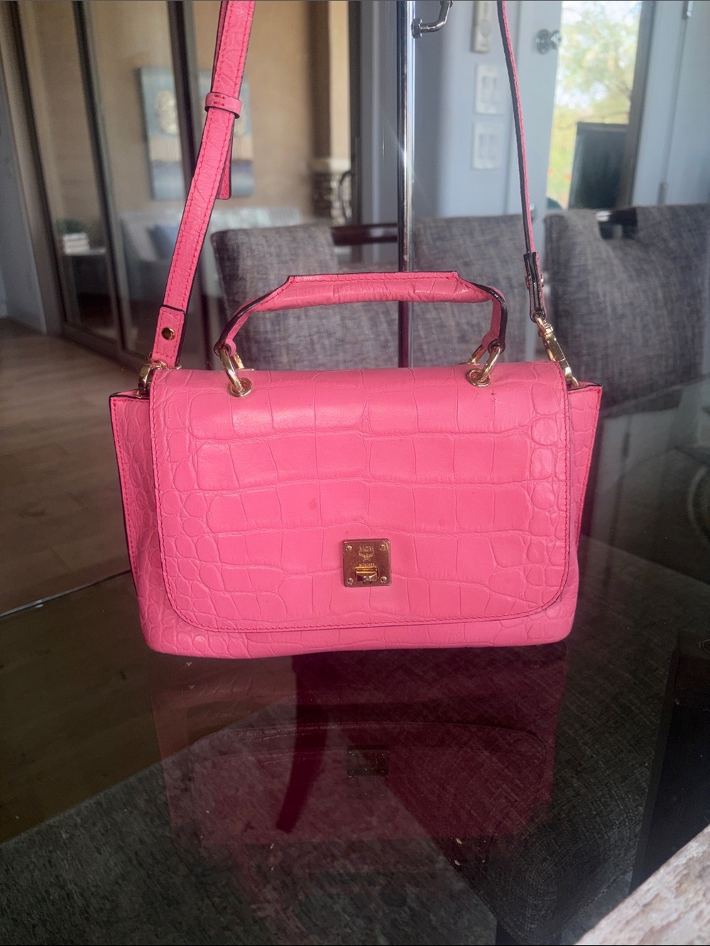 MCM Pink Croc-Embossed Top Handle /Crossbody Bag COA